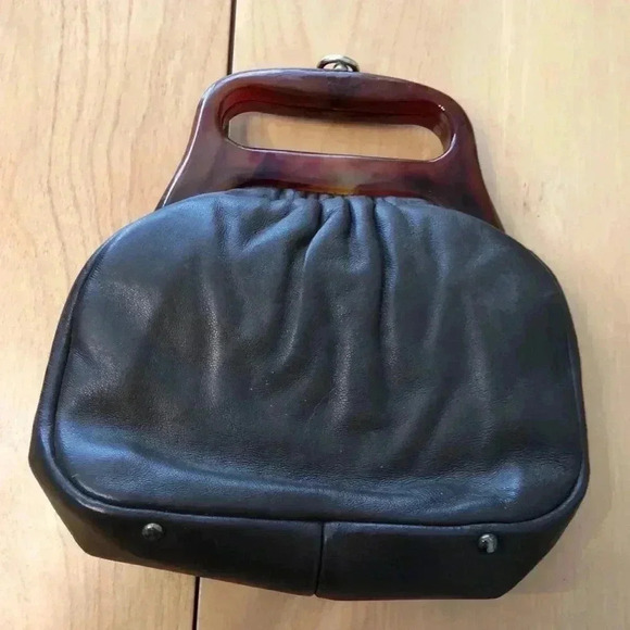 Vintage 1960s brown leather purse with faux tortoiseshell handle. - Picture 1 of 10